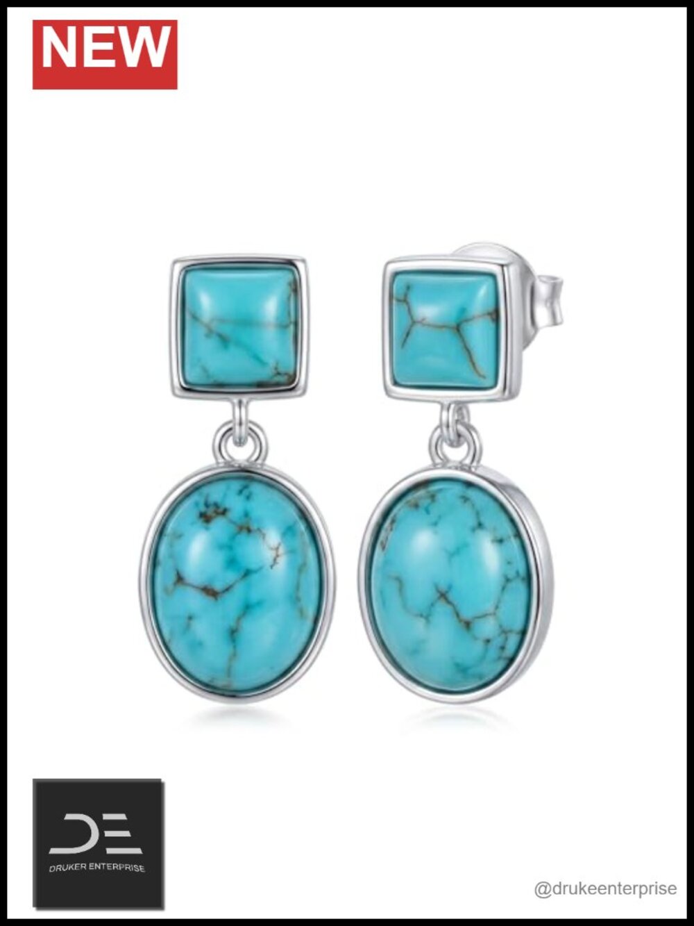 Genuine Turquoise Dangle Drop Earrings 925 Sterling Silver Geometric
